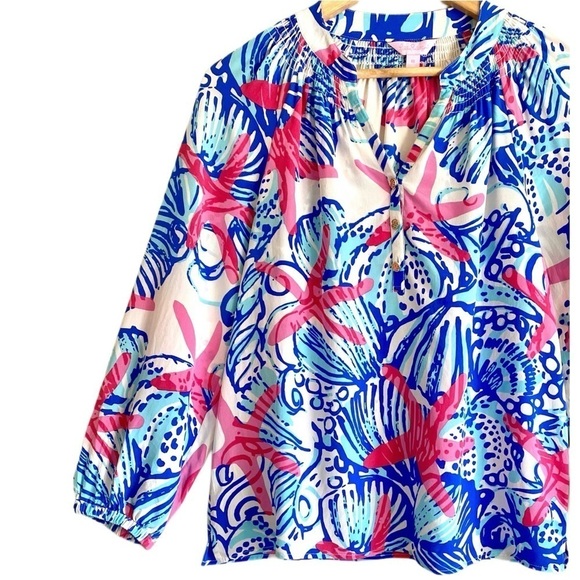 LILLY PULITZER 100% Silk Preppy Vibrant Colorful Lightweight Seashell Blouse XS - Picture 3 of 10